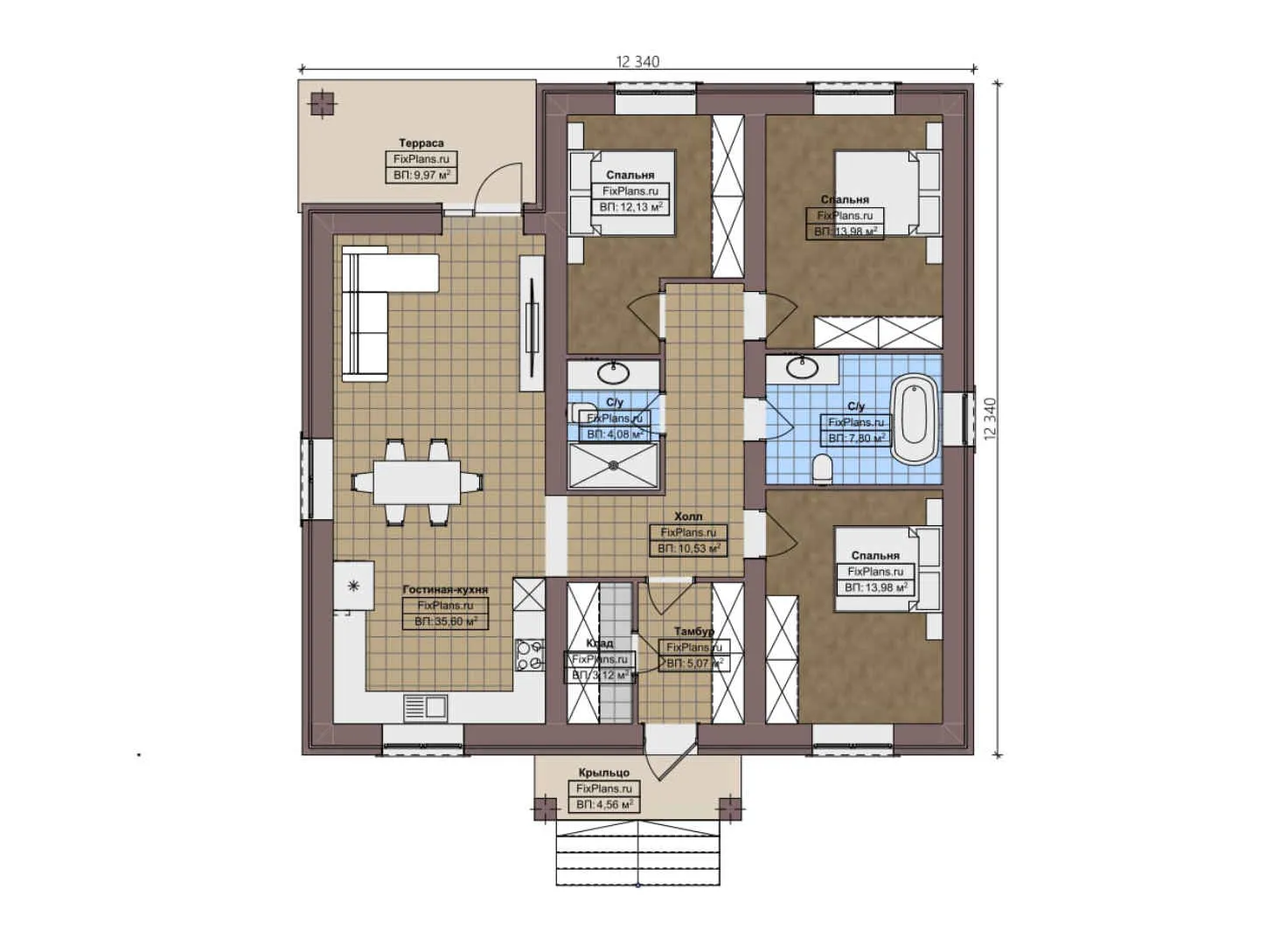 F-1862 - План одноэтажного дома 13 на 13, площадью 130 м² с террасой и 3 спальнями