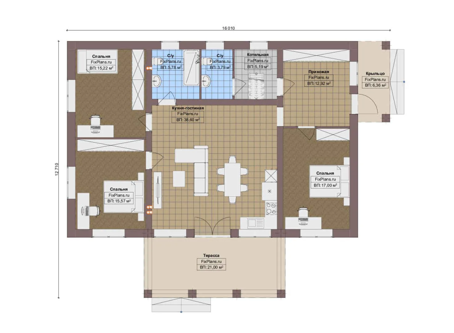 F-18476 - Планы дома с мансардой 13 на 17, площадью 200 м² с террасой и 3 спальнями
