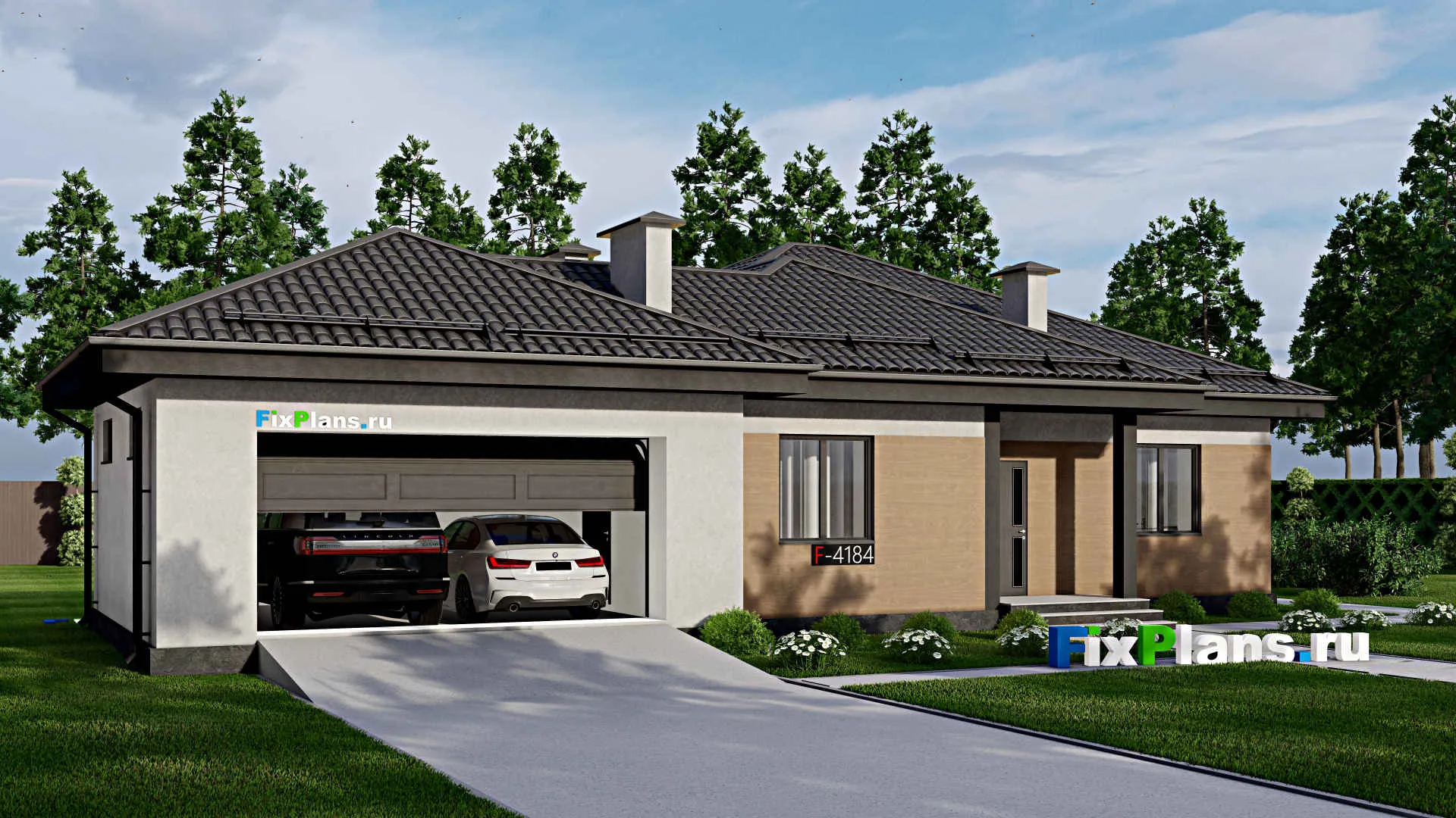 F-4184 - Проект одноэтажного дома 14 на 19, площадью 170 м² с террасой, гаражом на 2 машины и 2 спальнями