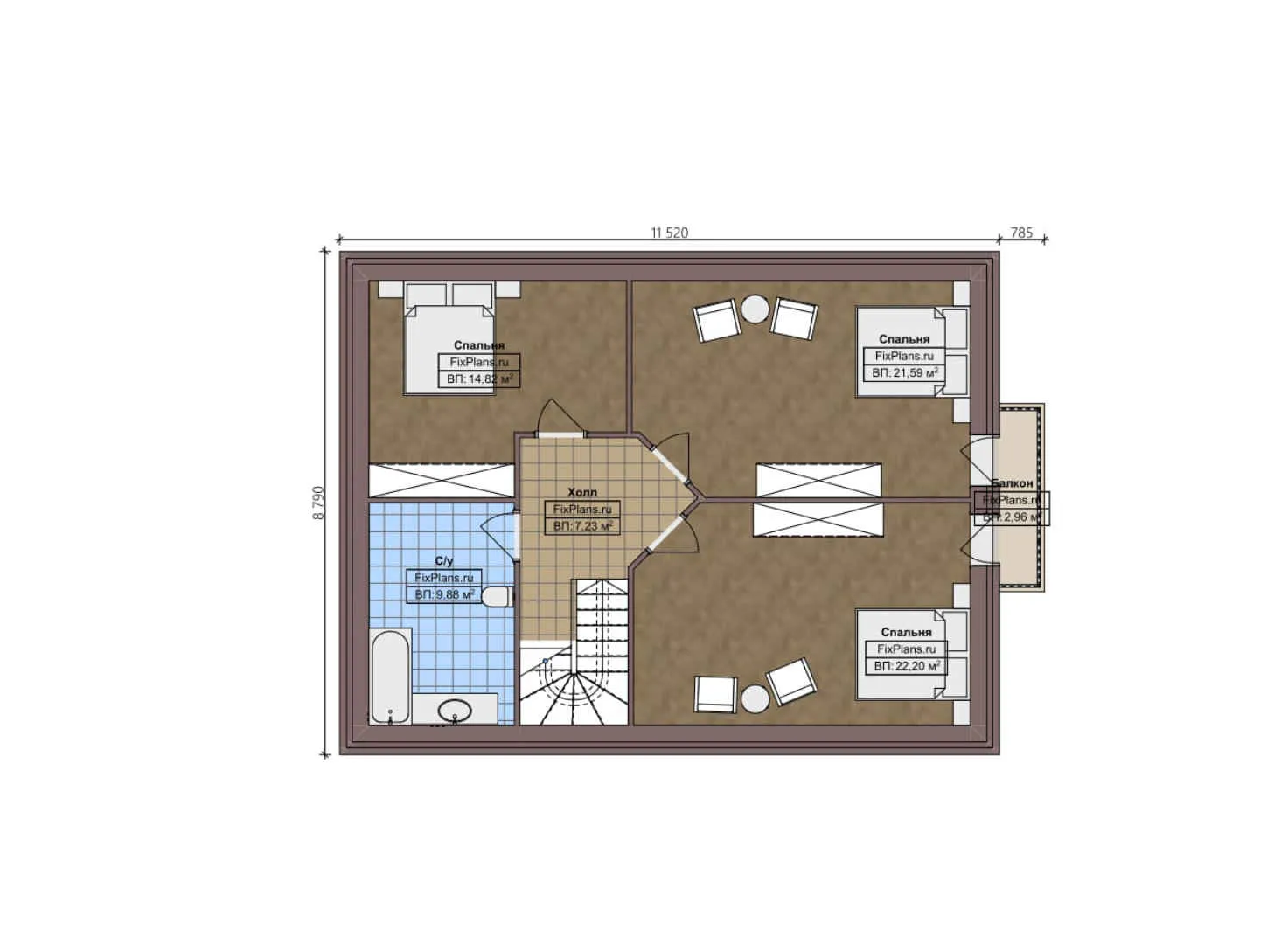 F-2825 - Планы дома с мансардой 9 на 17, площадью 210 м² с террасой, балконом, гаражом на 1 машину и 4 спальнями